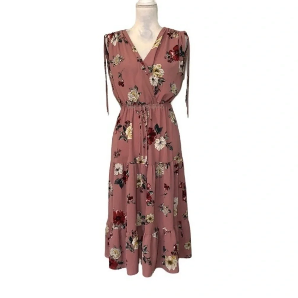 NWT Blush Rose Pink Floral Faux Wrap Midi Dress